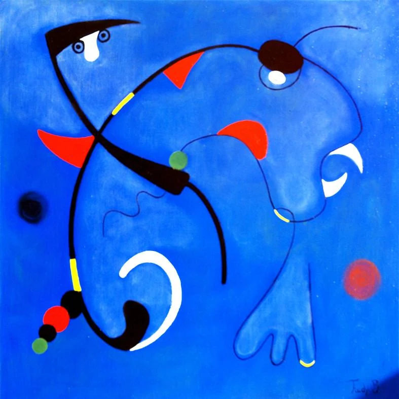Blauw abstract figuratief schilderij van Trudy Bersma met zwarte lijnen, witte vormen en rode accenten